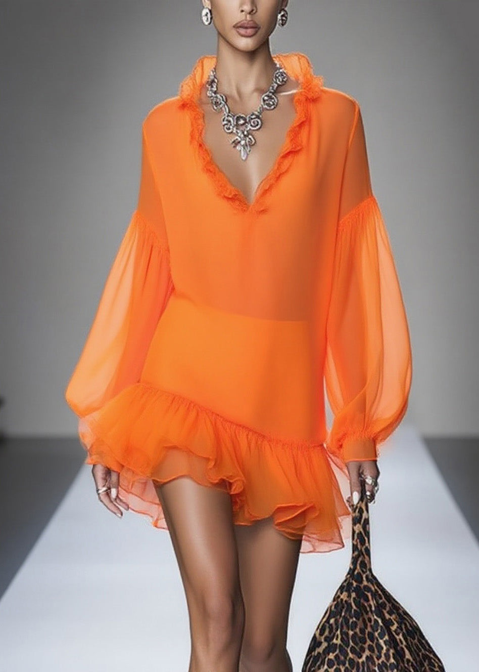Loose Orange Ruffled Patchwork Chiffon Mid Dresses Spring - View 3