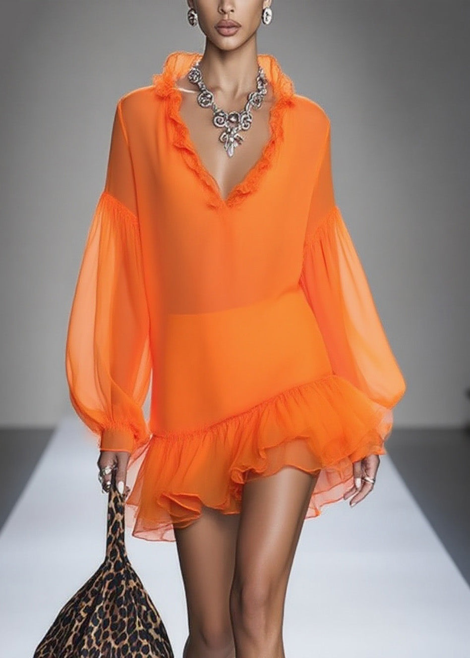 Loose Orange Ruffled Patchwork Chiffon Mid Dresses Spring - View 5