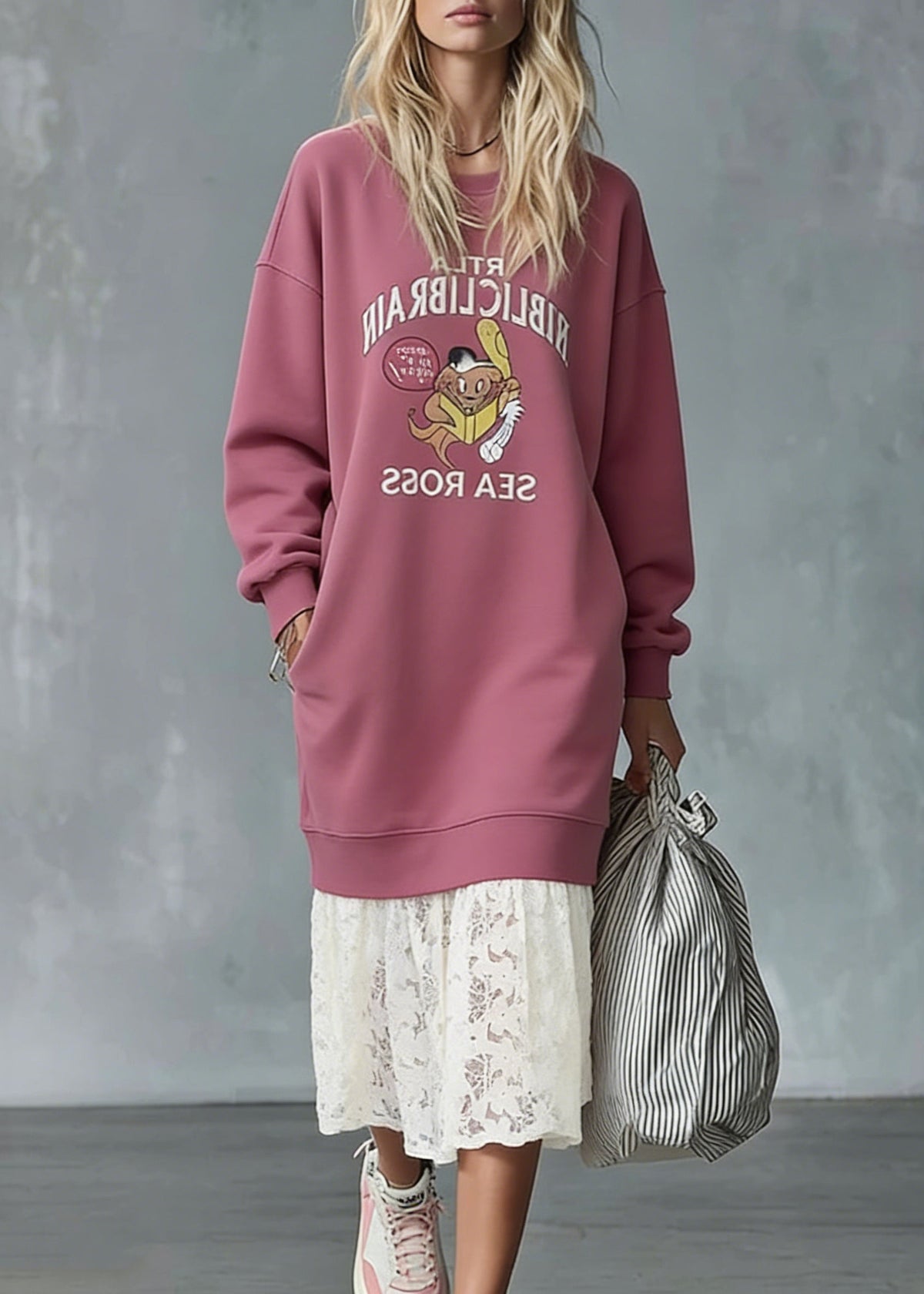 Oversized Crew Neck Graphic Print Long Sleeve Sweatshirt Dress