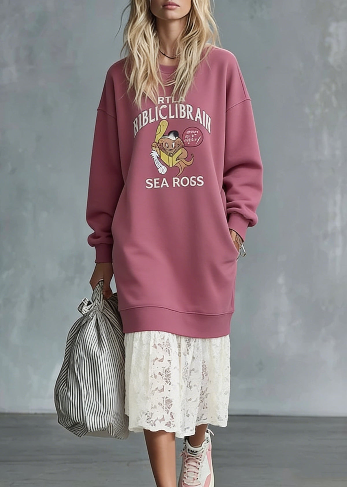 Oversized Crew Neck Graphic Print Long Sleeve Sweatshirt Dress - View 3