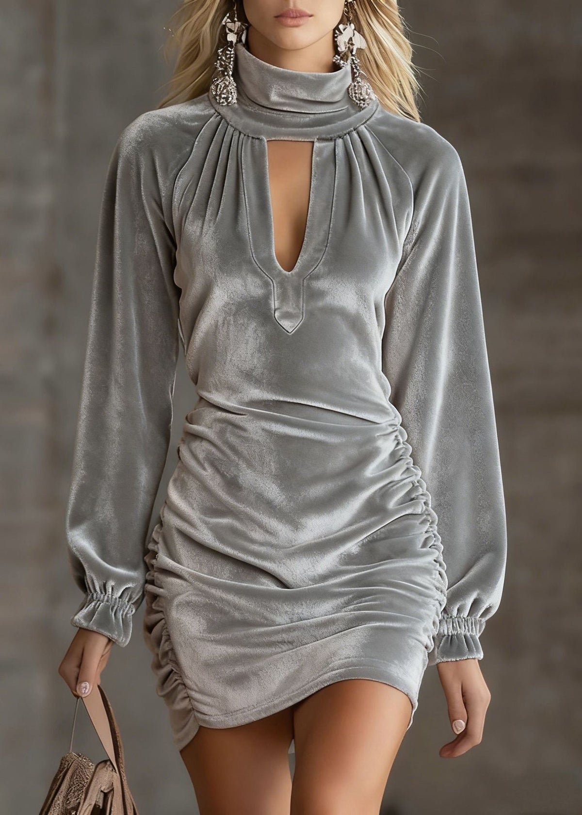 Velvet Mock Neck Cut Out Long Sleeve Ruched Bodycon Mini Dress - View 4