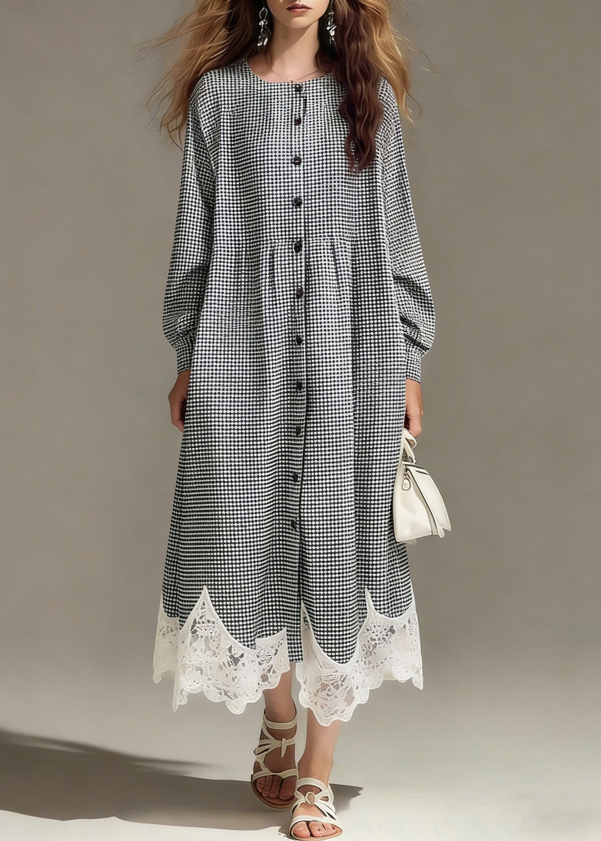 Gingham Crew Neck Long Sleeve Button Front Lace Trim Maxi Dress