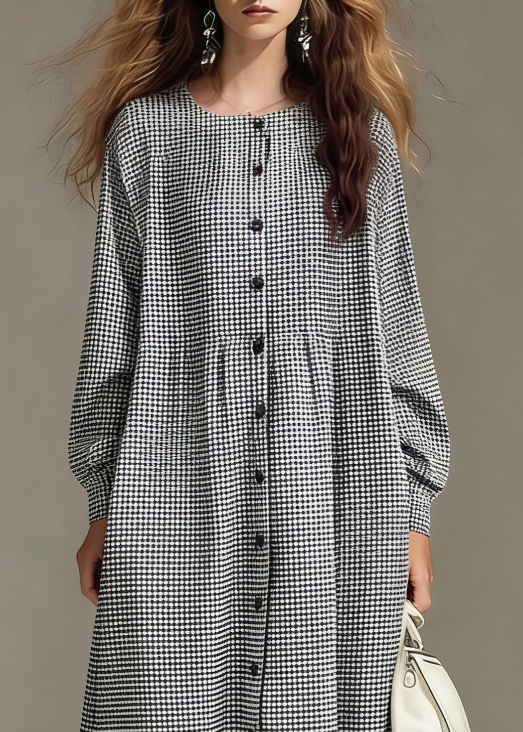 Gingham Crew Neck Long Sleeve Button Front Lace Trim Maxi Dress - View 2