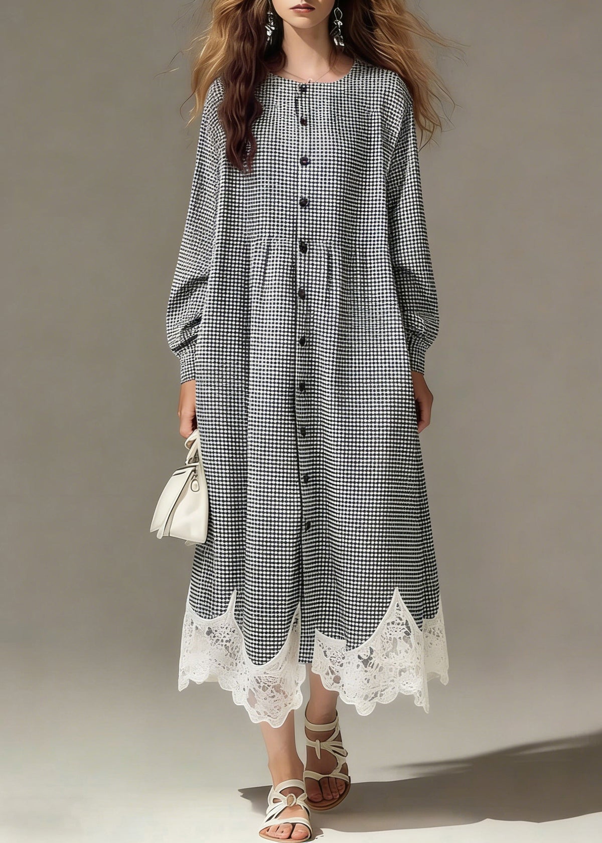 Gingham Crew Neck Long Sleeve Button Front Lace Trim Maxi Dress - View 3