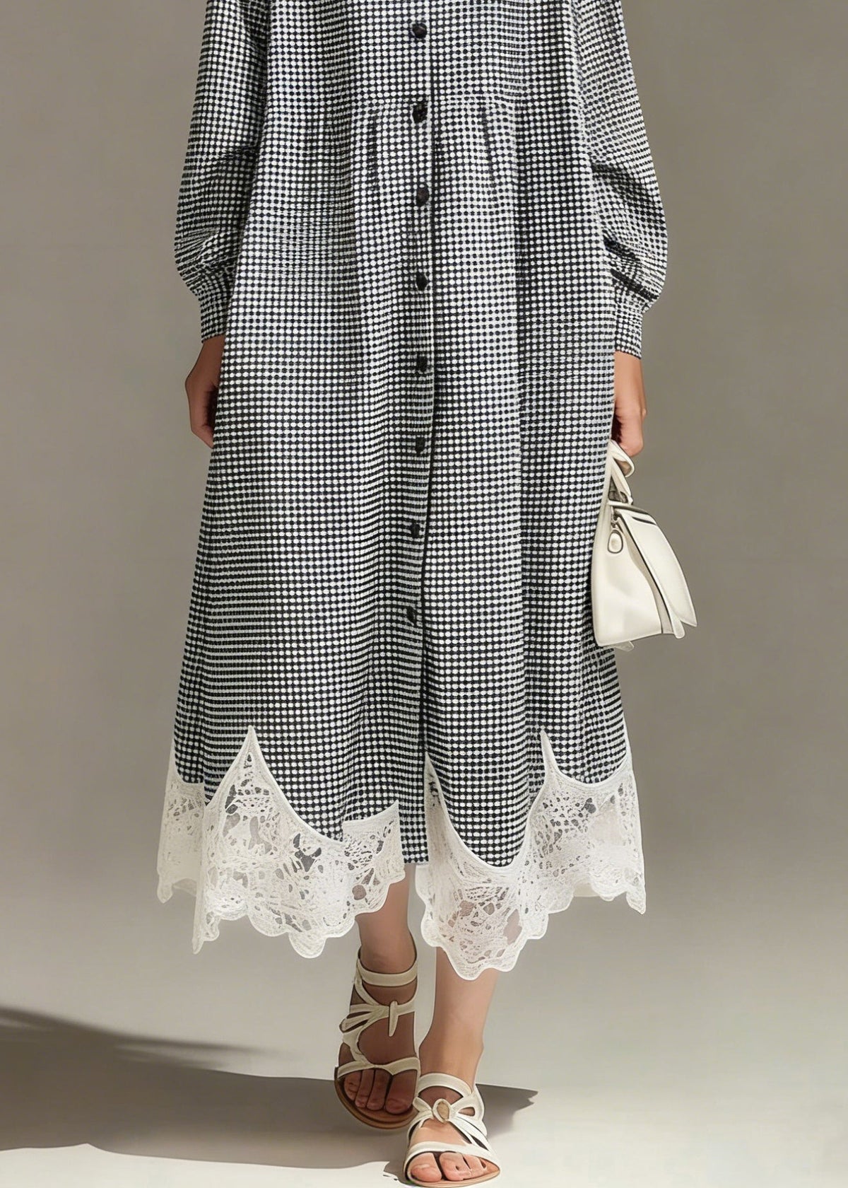 Gingham Crew Neck Long Sleeve Button Front Lace Trim Maxi Dress - View 4