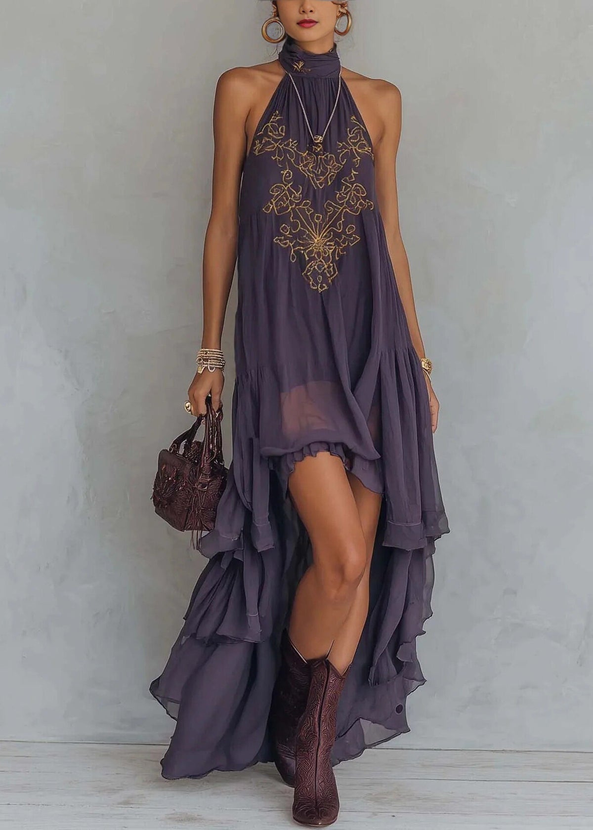 Embroidered Halter Neck Sleeveless Tiered Ruffle Midi Dress