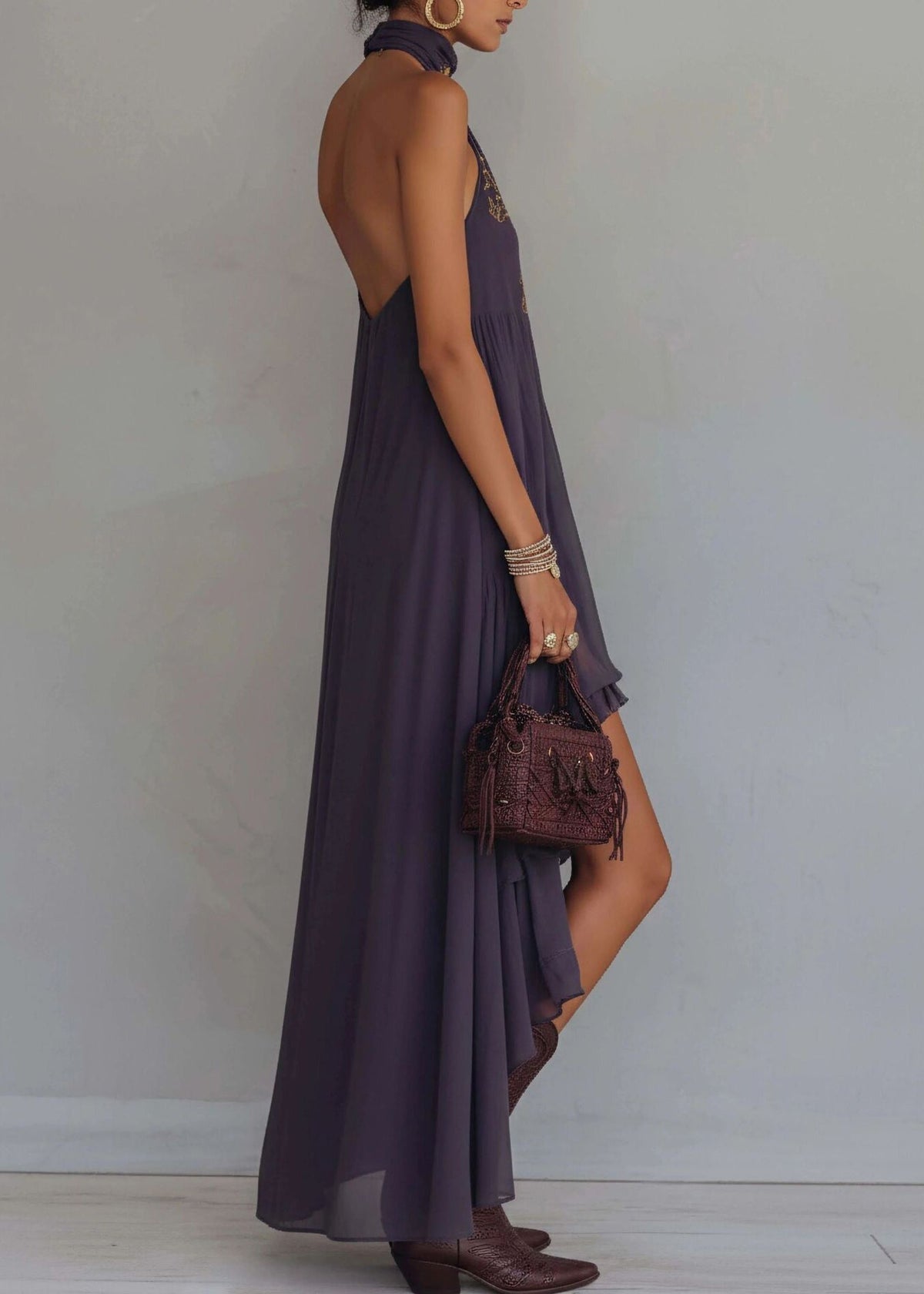 Embroidered Halter Neck Sleeveless Tiered Ruffle Midi Dress - View 3