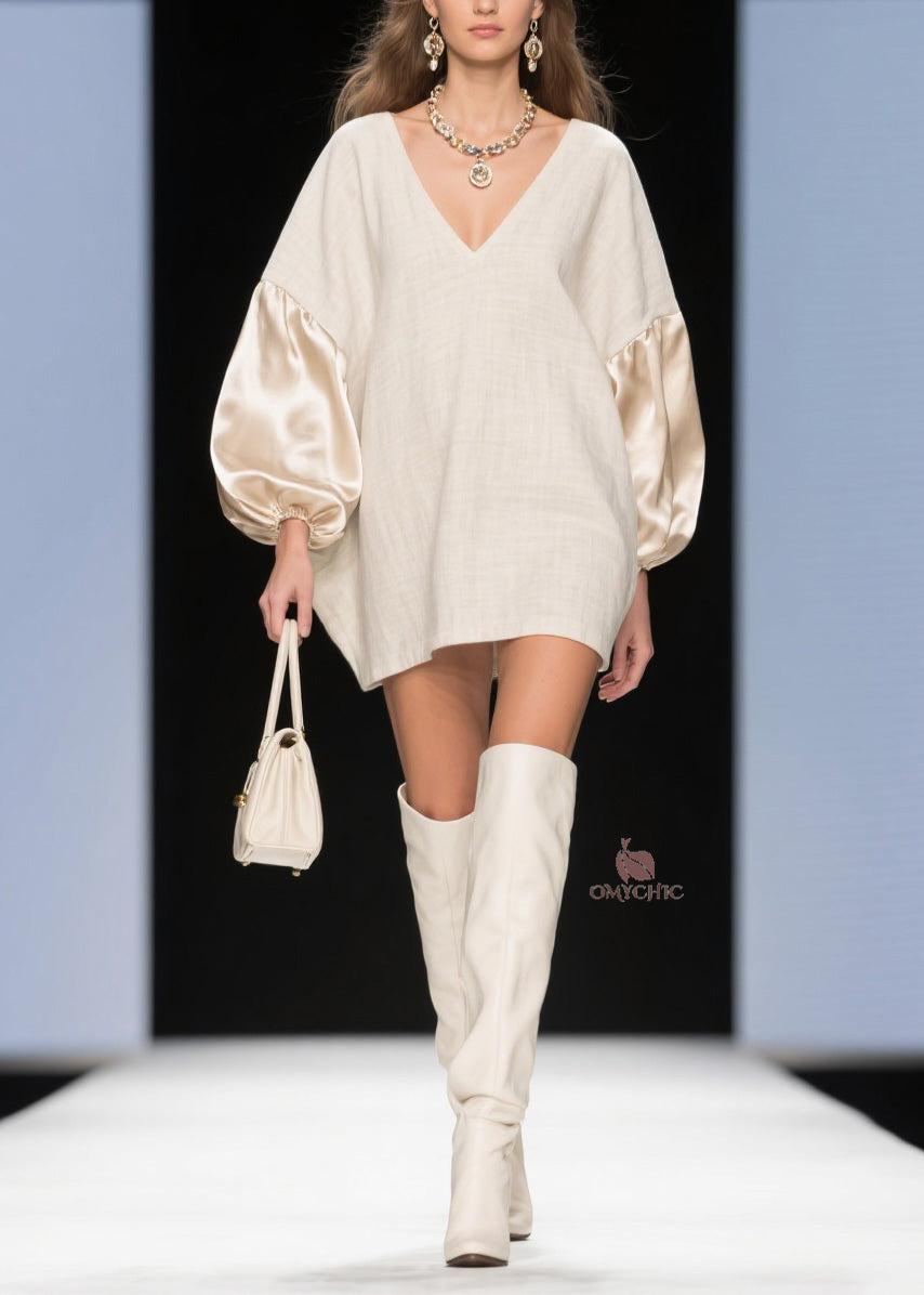 V-Neck Satin Lantern Sleeve Oversized Woven Shift Mini Dress