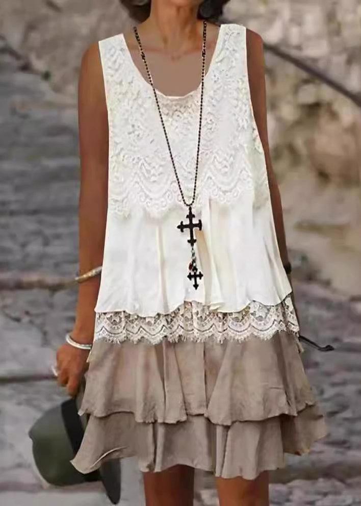 Lace Panel Scoop Neck Sleeveless Tiered Ruffle Mini Dress