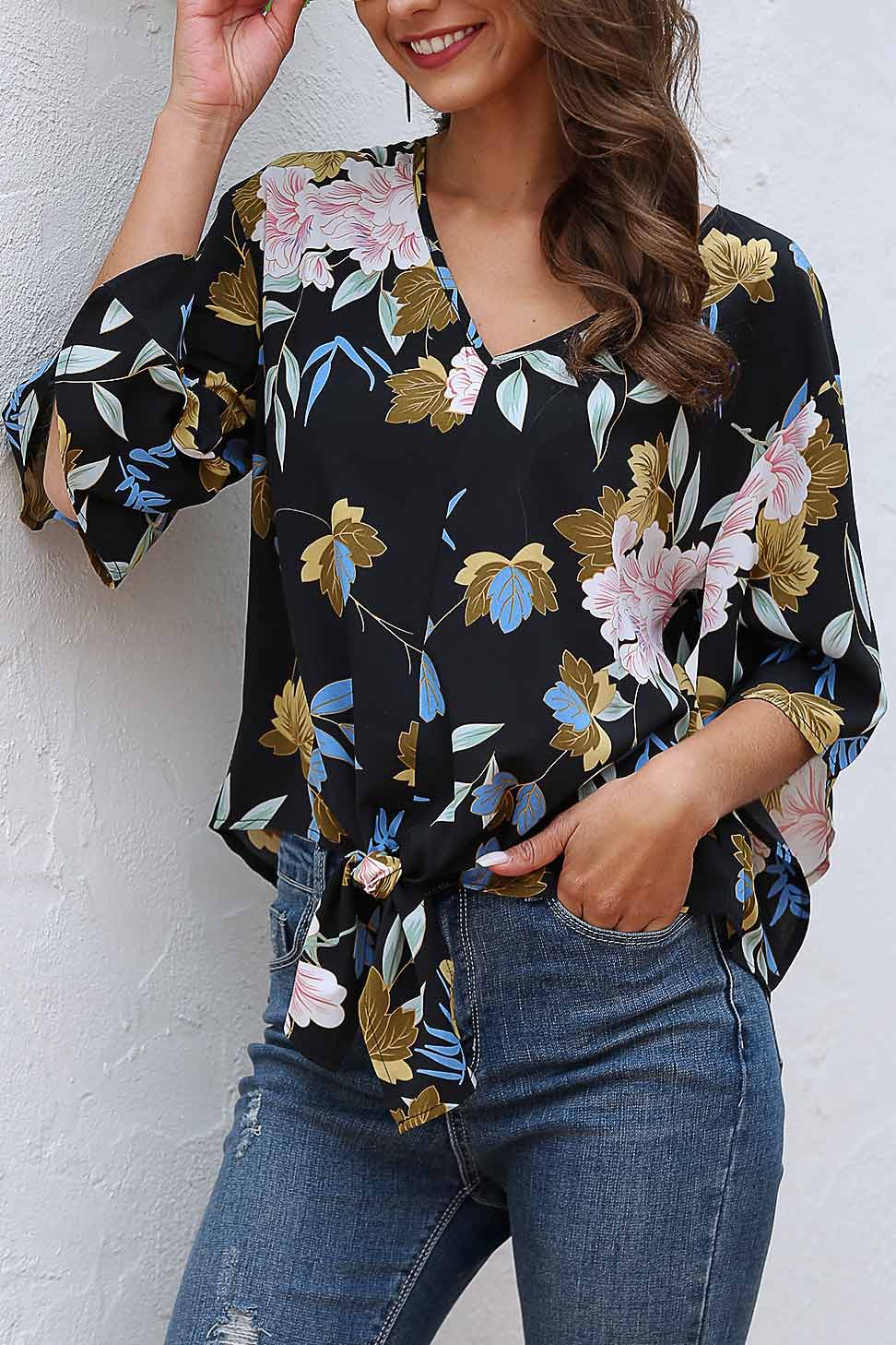 Loose Floral Knot Hem Chiffon Blouse - Fashionpara