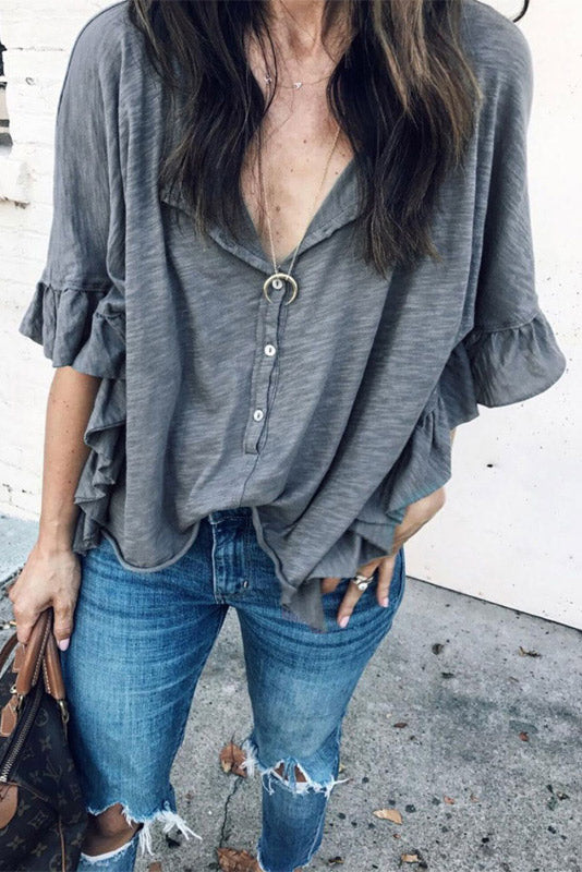 Loose Ruffle Sleeve Buttoned T-shirt - Fashionpara