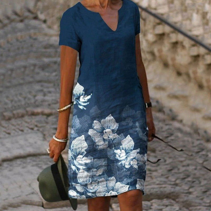 Floral Print V-Neck Short Sleeve Shift Midi Dress