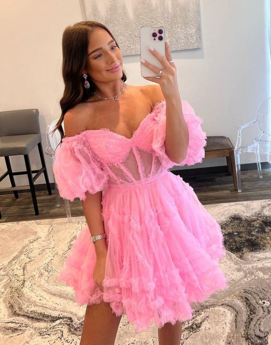 Sweet A-Line Off The Shoulder Short Tulle Homecoming Dress - Fashionpara