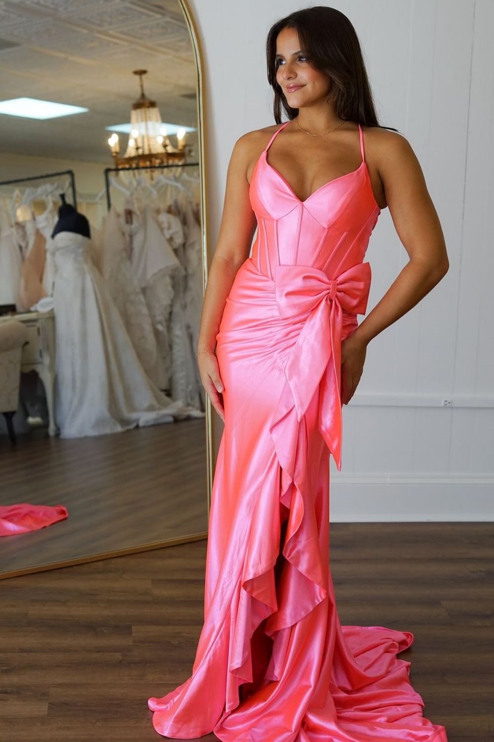 Lovely Pink Mermaid Lace Up Long Satin Prom Dress with Bowknot and Slit