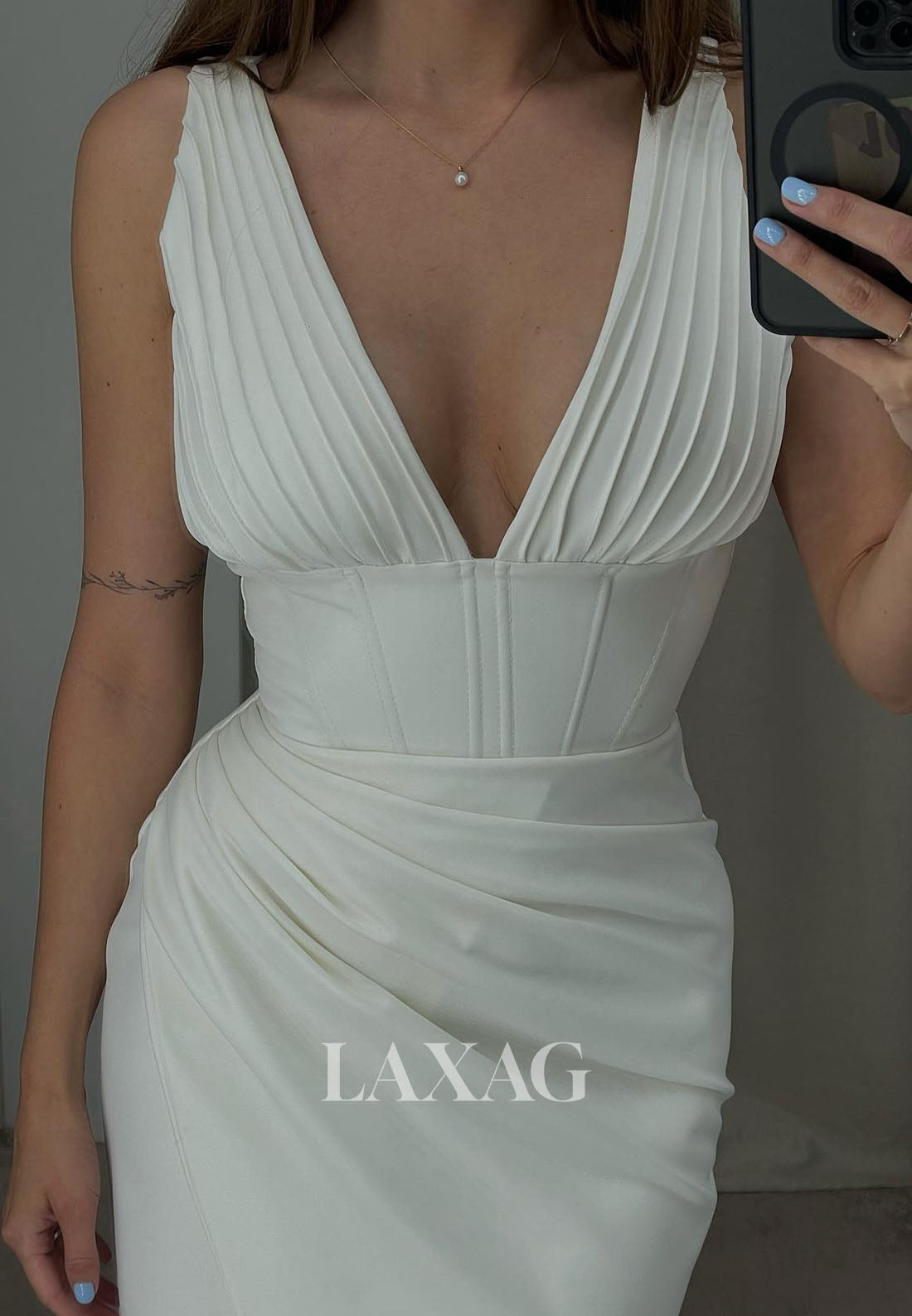 Low V-Neck Pleated Sleek Satin Fitted Party Homecoming Dress with Slit - Fashionpara