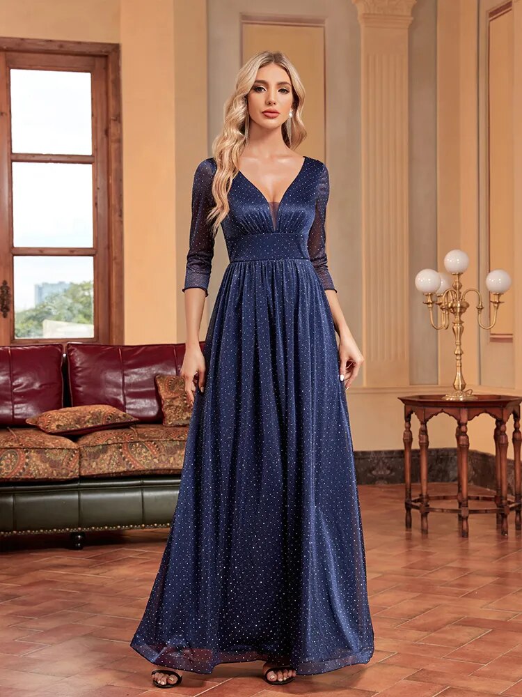 Glitter V-Neck Three-Quarter Sleeve A-Line Evening Gown
