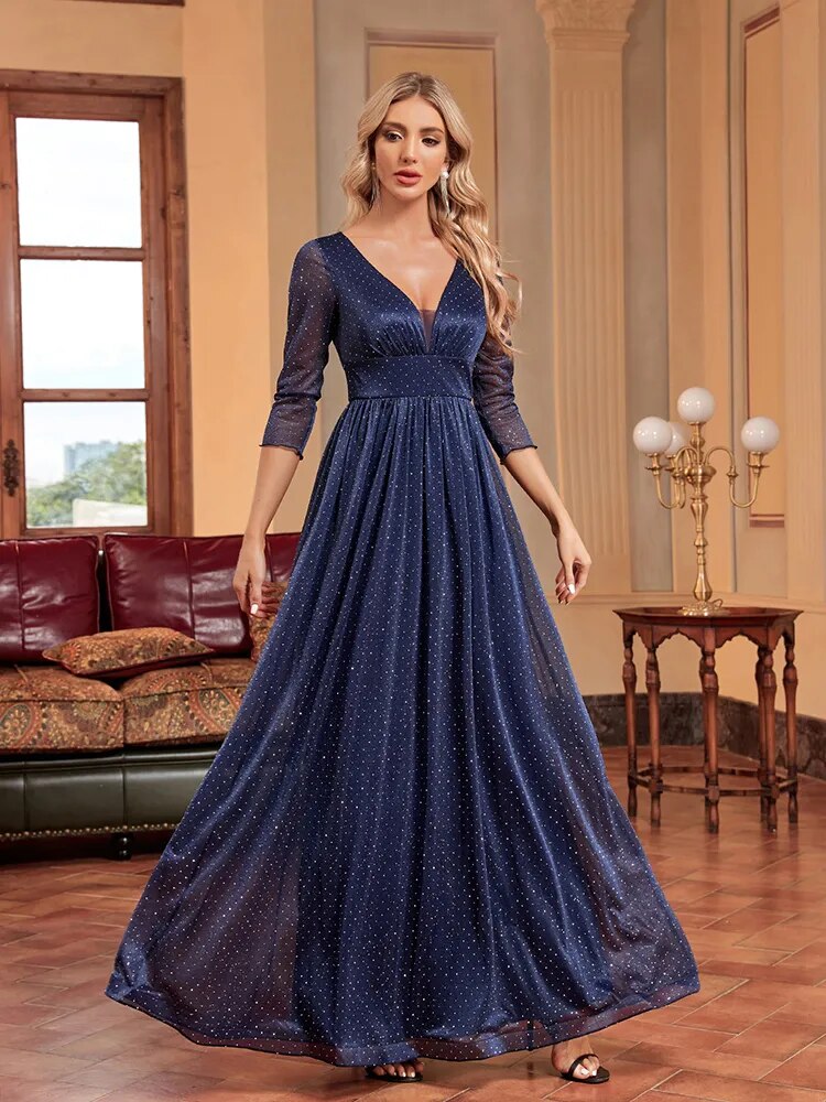 Glitter V-Neck Three-Quarter Sleeve A-Line Evening Gown 3