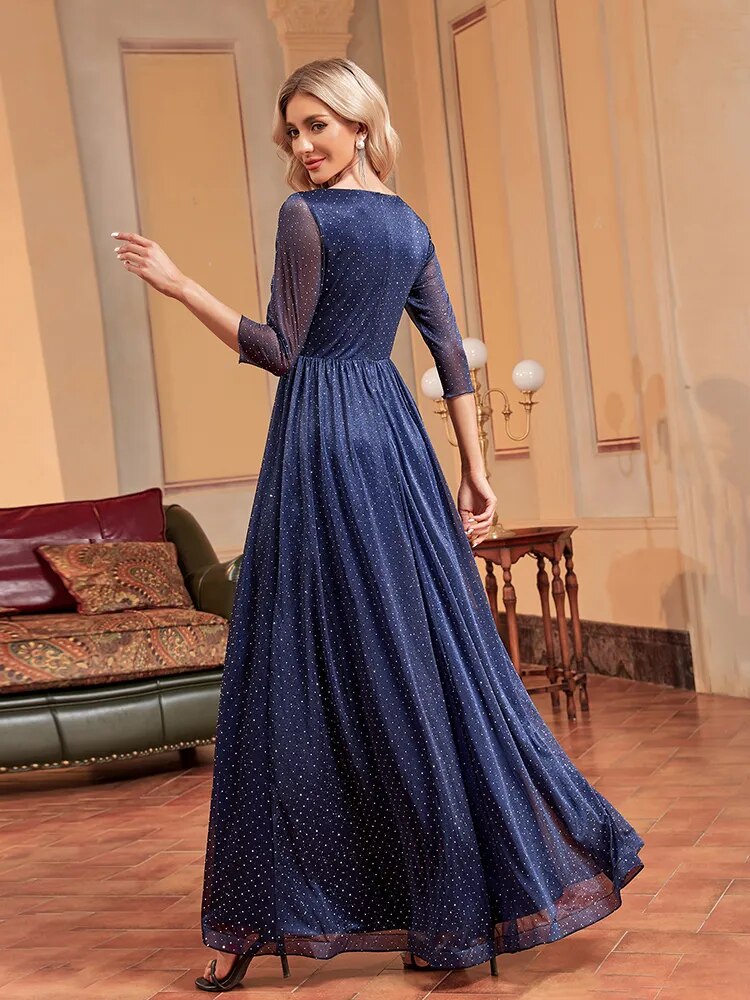 Glitter V-Neck Three-Quarter Sleeve A-Line Evening Gown 2