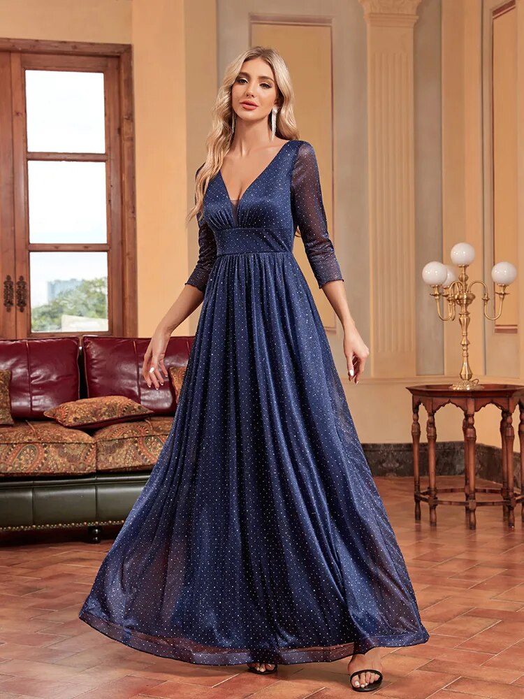 Glitter V-Neck Three-Quarter Sleeve A-Line Evening Gown 4