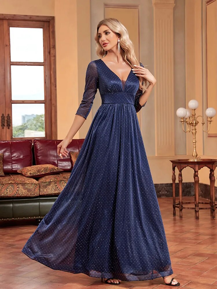 Glitter V-Neck Three-Quarter Sleeve A-Line Evening Gown 5