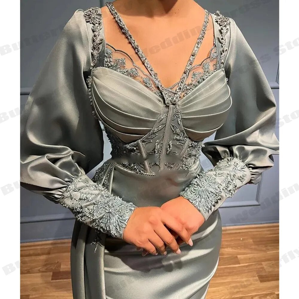 Satin Lace Applique V-Neck Long Sleeve Mermaid Gown 4