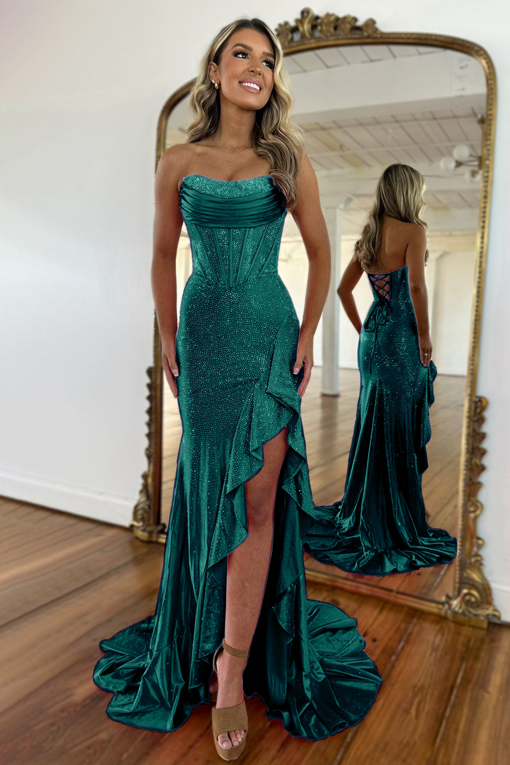 Light Blue Mermaid Strapless Lace Up Long Beaded Prom Dress with Leg Slit - Fashionpara