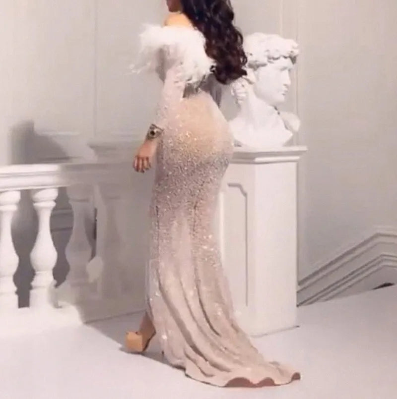 Sequin Off Shoulder Feather Trim Mermaid Gown