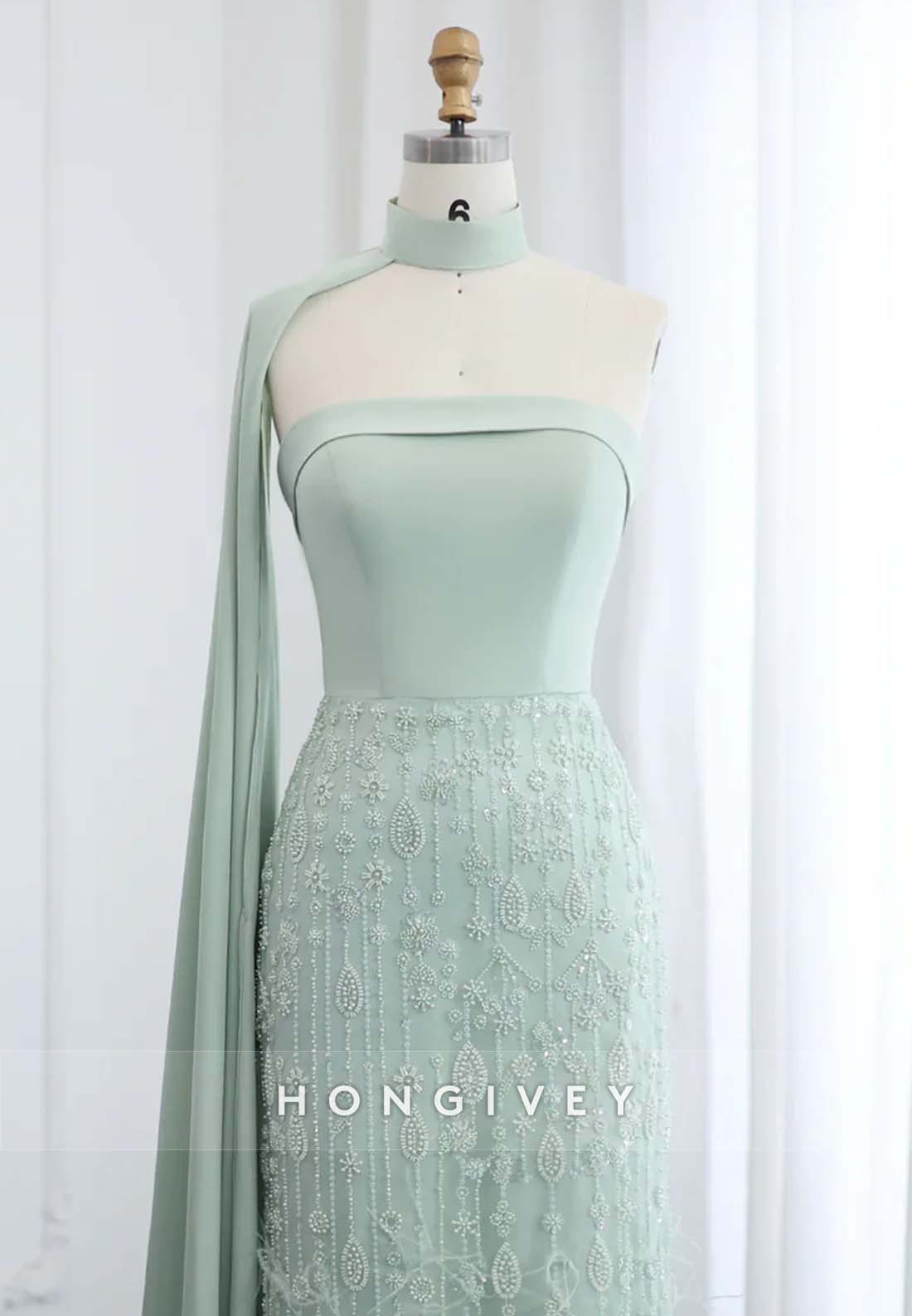 Column Floor-Length Strapless Halter Pleated Side Draping Feather Evening Gown