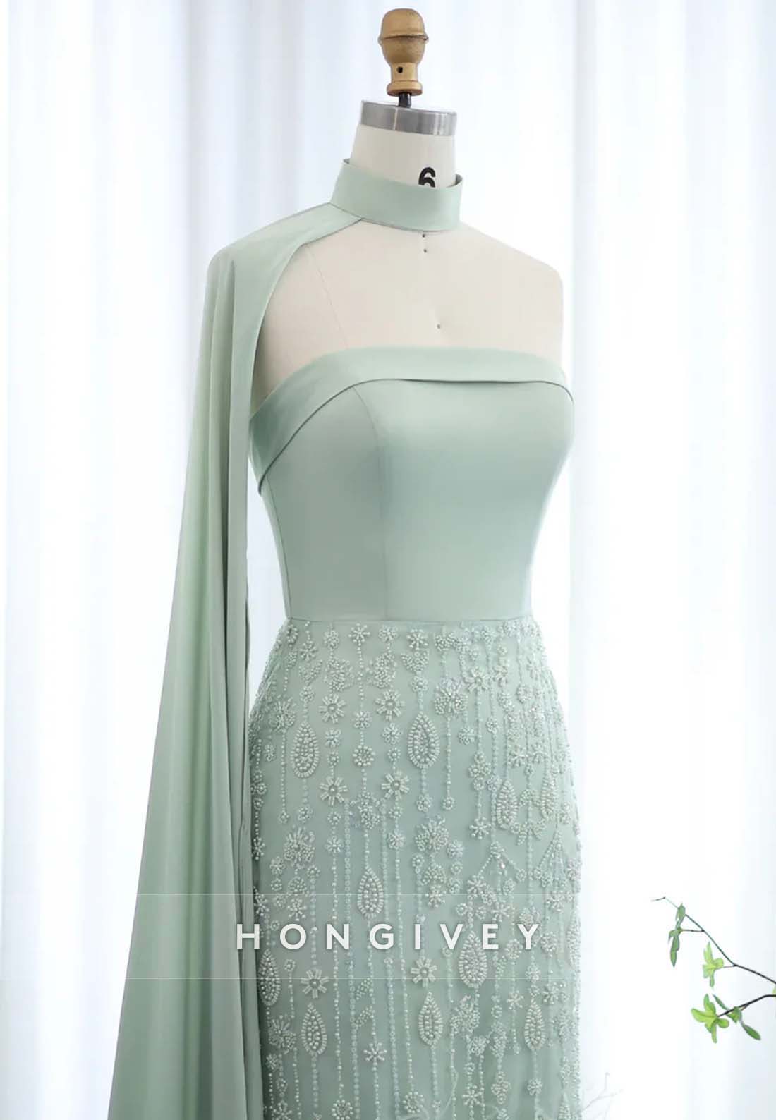 Column Floor-Length Strapless Halter Pleated Side Draping Feather Evening Gown