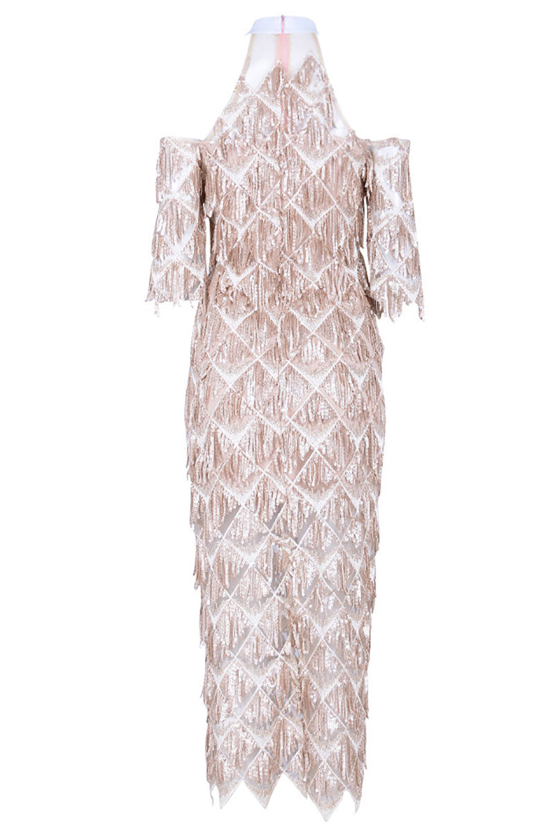 Sequin Fringe Off-Shoulder Asymmetric Midi Dress