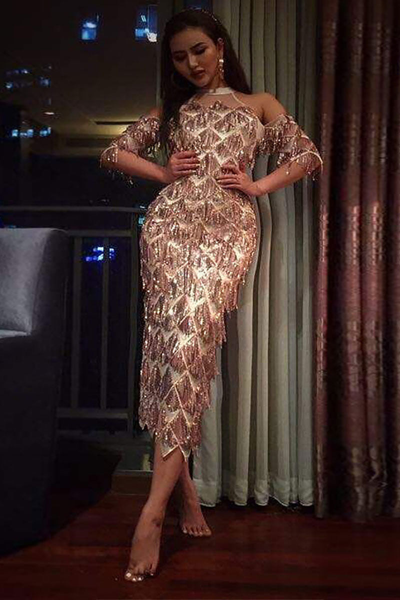 Sequin Fringe Off-Shoulder Asymmetric Midi Dress