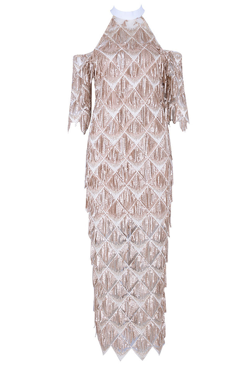Sequin Fringe Off-Shoulder Asymmetric Midi Dress
