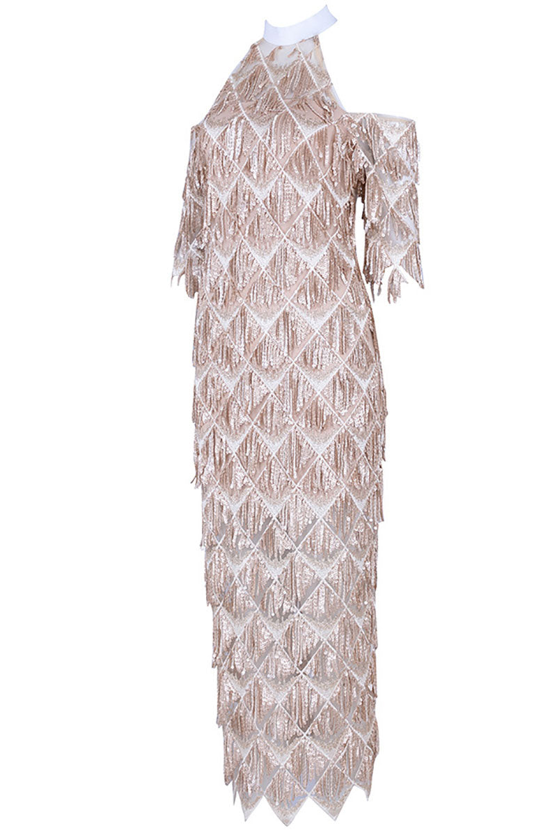 Sequin Fringe Off-Shoulder Asymmetric Midi Dress