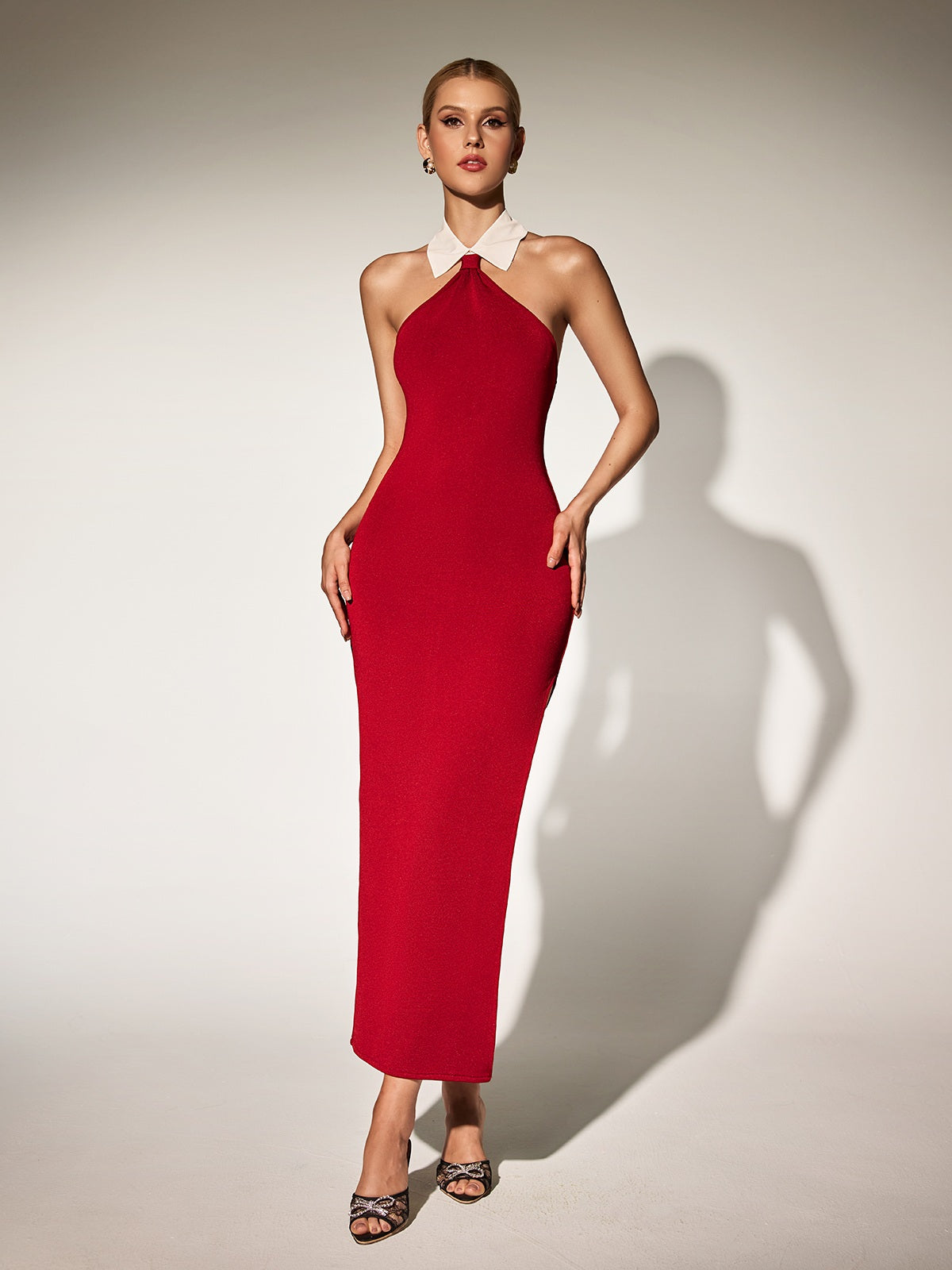 Halter Neck Contrast Collar Bodycon Maxi Dress