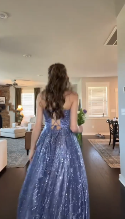 Shiny Spaghetti Straps Blue Tulle Sequin A Line Long Evening Dress Formal Birthday Party Gown D820