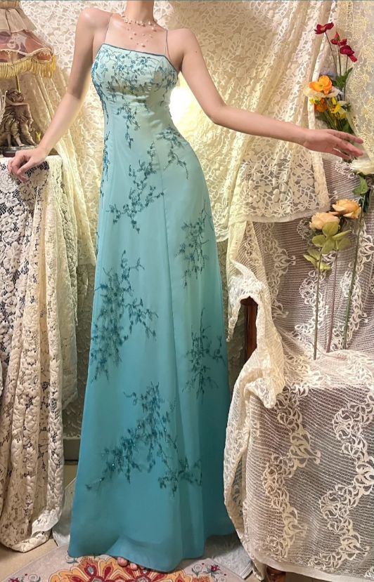 Elegant Spaghetti Straps Ombre Blue Chiffon Beaded A Line Long Prom Dress Formal Evening Gown D825