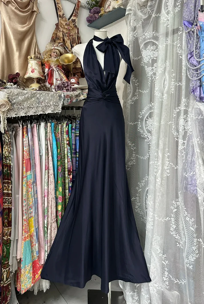 Retro Halter Satin Mermaid Navy Blue Backless Long Evening Dress Formal Birthday Party Dress D1123
