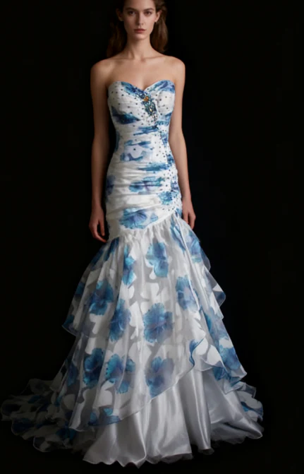 Elegant Sweetheart Neck Blue Tulle Print Floral Mermaid Long Prom Dresses Birthday Party Dress D1516