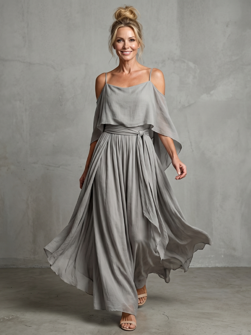 Cold Shoulder Cami Top and Tie Waist Maxi Skirt Two Piece Set