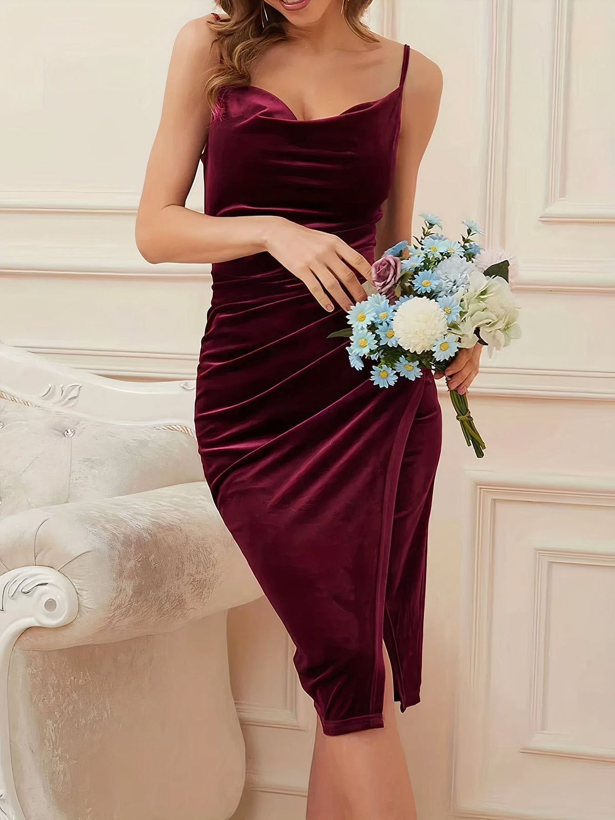 Velvet Cowl Neck Spaghetti Strap Ruched Side Wrap Cocktail Midi Dress