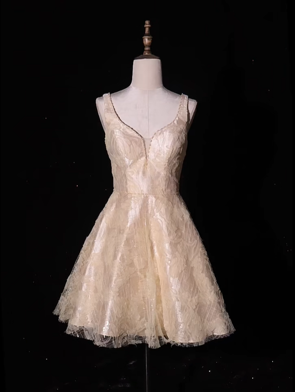 Gorgeous Champagne V Neck Sleeveless Short Party Dress A Line Formal 8th Grade Homecoming Dress S972