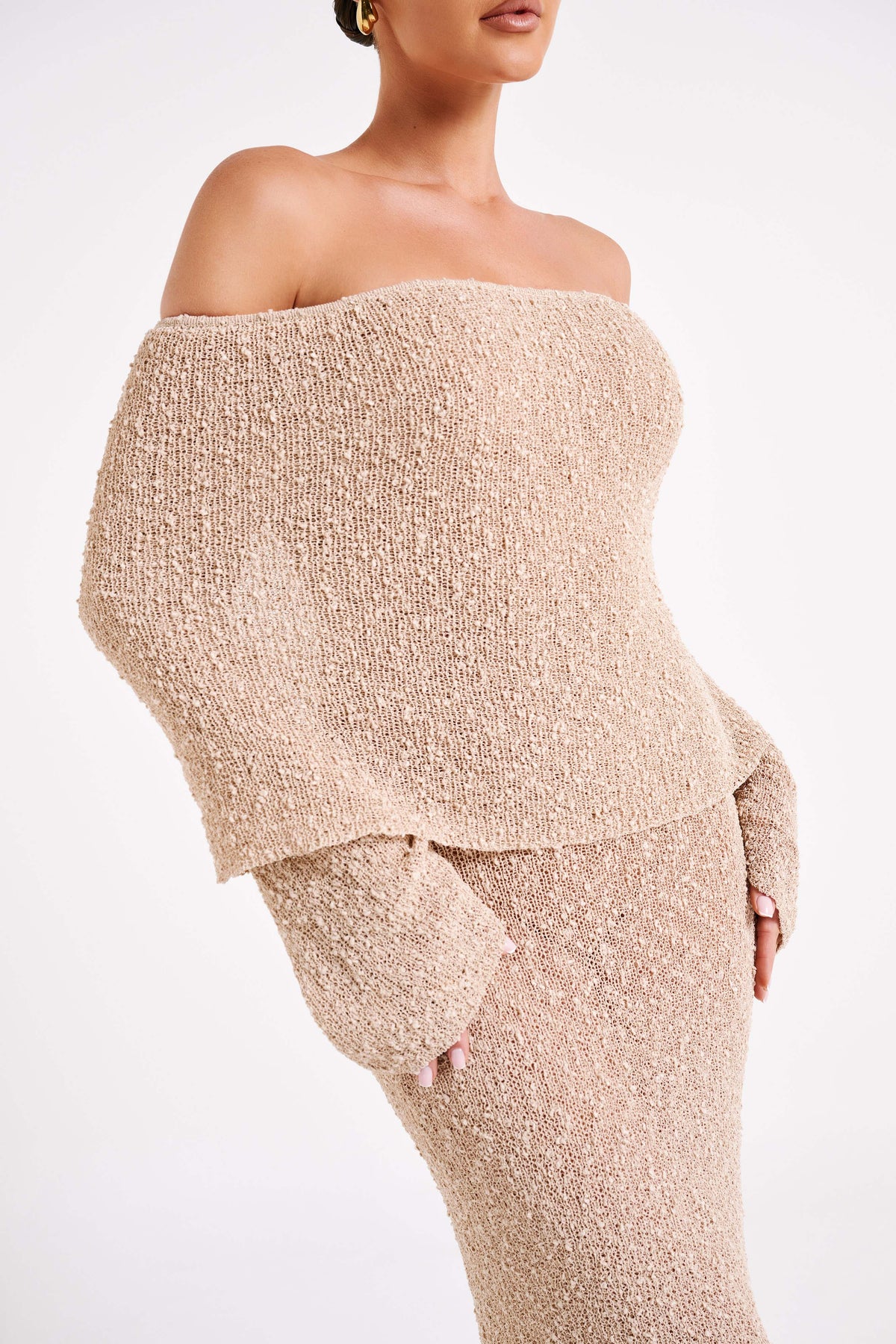 Textured Knit Off Shoulder Long Sleeve Column Maxi Dress 3