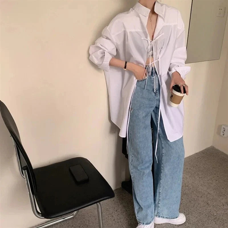 Oversized Bandage Long Sleeve Streetwear White Blouse