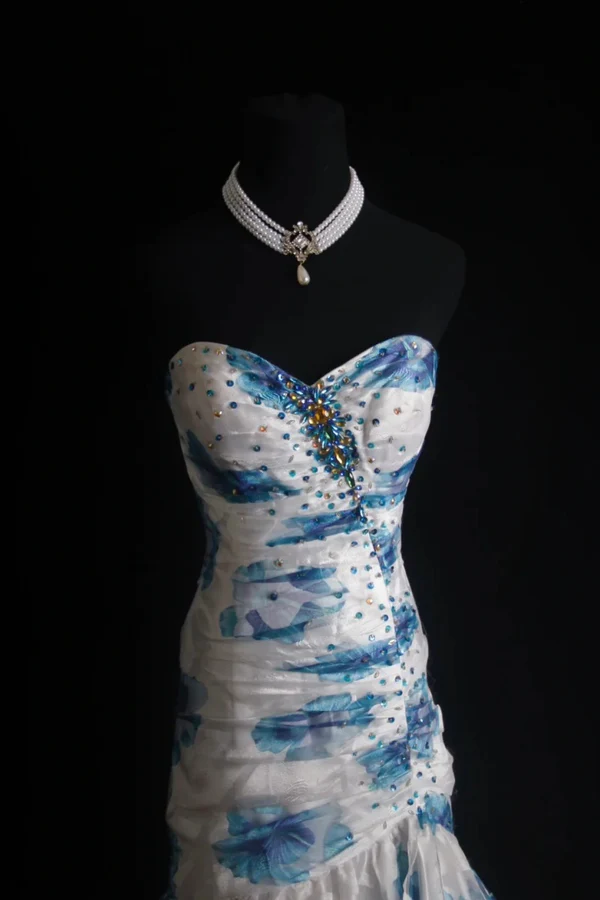 Elegant Sweetheart Neck Blue Tulle Print Floral Mermaid Long Prom Dresses Birthday Party Dress D1516