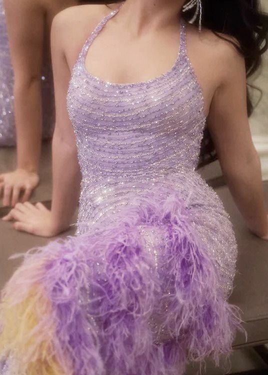 Glamorous Purple Halter Sequin Beaded Feathers Evening Dress Mermaid Long Party Gown D875