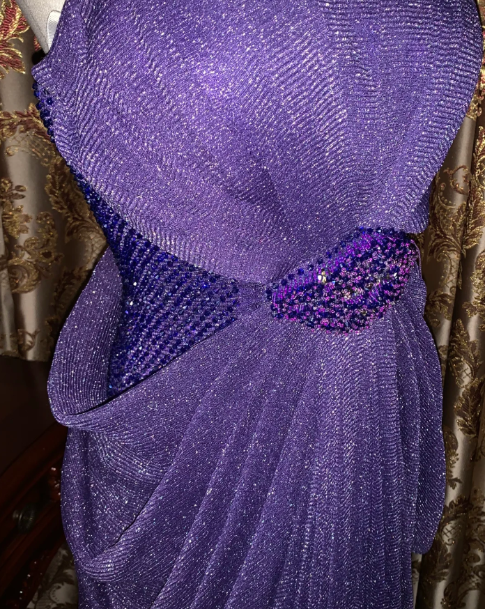 Sparkly Purple Tulle Sequin Beaded Pleated Mermaid Evening Dress Long Birthday Prom Gown D1750