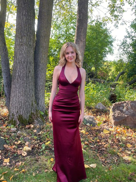 Satin Plunging V- Neckline Long Evening Dress Burgundy Prom Dresses SD1485