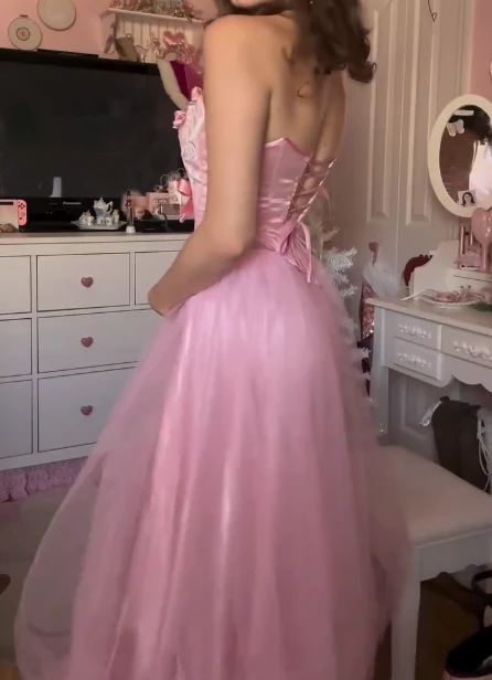 Cute Pink Strapless Satin Tulle Appliques A Line Long Birthday Prom Dresses Formal Wedding Guest Dress Party Gown D1549