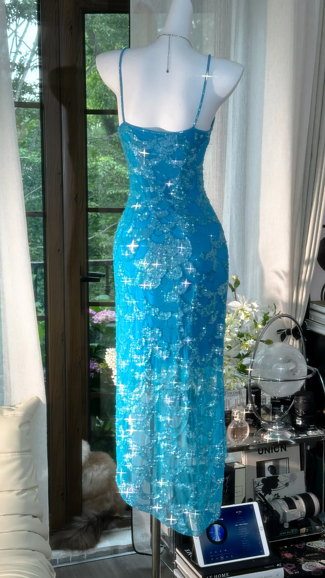 Gorgeous Spaghetti Straps Blue Chiffon Sequin Mermaid Party Dress Long Birthday Prom Gown D1312