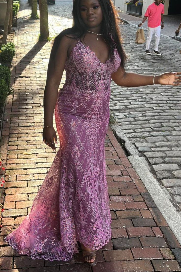 Gorgeous Spaghetti Straps Purple Tulle Lace Beaded Mermaid Party Dress Long Wedding Guest Dress D1575